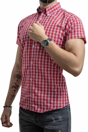 Camisa Hombre Casual Slim Fit Cuadros Rojos Luvati