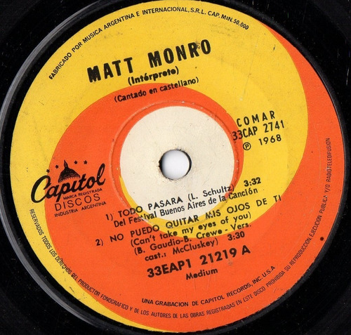 Matt Monro Canta En Castellano ( Simple ) 7'' (Usado)
