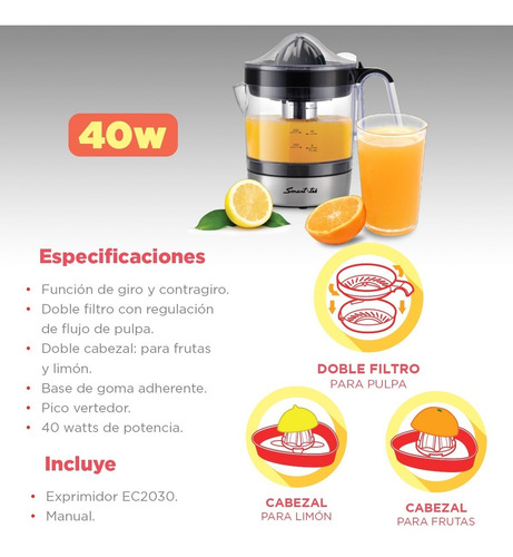 Imagen 2 de 3 de Exprimidor De Jugo Smart-tek Ec 2030 Juguera Citricos 40w Pc Color Negro
