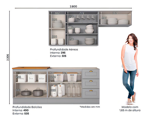 Cozinha Compacta Com Aéreo Para Geladeira Amy Casa 812 Cor Cinza