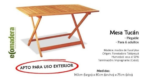 Imagen 2 de 8 de Mesa Plegable Madera 1.40x80 Eucalipto Exterior Patio