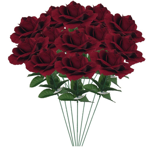 Kit 25 Rosas Aveludadas Flor Artificial Vinho Decoração Luxo Cor Vermelho