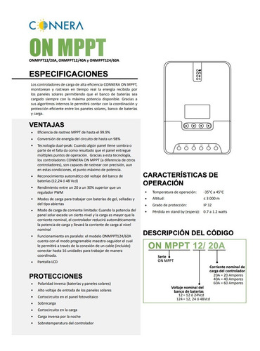 Controlador Carga Solar Connera Mppt 20 Amp Onmppt12/20a