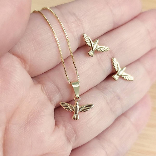 Conjunto Colar Brinco Espírito Santo Semijoia Banho Ouro 18k Cor Dourado