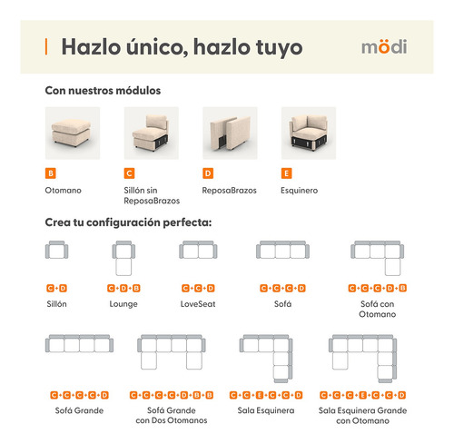 Sala Seccional Modular De 5 Plazas + Otomano + Pillow Pack Beige Liso