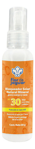 Flor De Jaguar | Bloqueador Solar Natural Mineral Spf 30+ | Para Cuerpo Y Cara | Protección De Rayos Uvb | Protege Del Envejecimiento Prematuro | Ideal Para Toda La Familia | Sin  Sulfatos | 60 Gramos