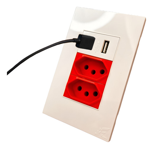 Tomada Dupla Bivolt Com Usb Carregador Turbo Vermelho 20a