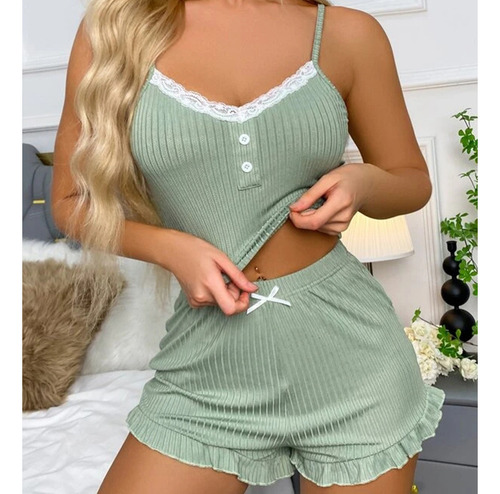 Conjunto De Pijama Sexy Con Tirantes De Encaje Para Pantalon