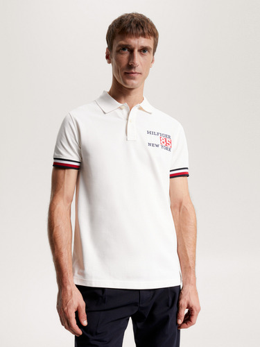 Polo Ribeteado Corte Slim Logo Hombre Tommy Hilfiger Blanco