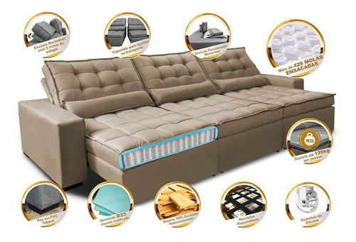 Sofá Retrátil e Reclinável 3,82m com Molas Ensacadas Cama Inbox Gold Tecido Suede Velusoft Castor