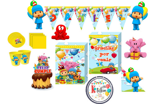 Kit Pocoyo , Vasos ,platos 100% Artesanal -cotillon-k