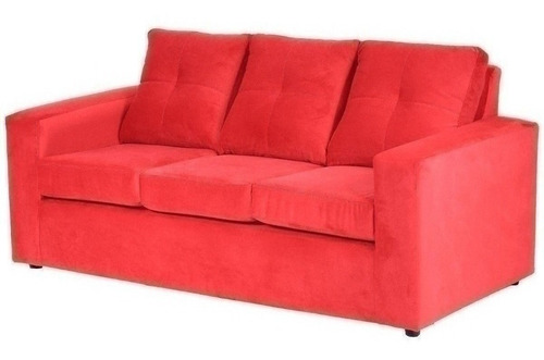 Sofá 3 Cuerpos Con 2 Pouf Felpa Rojo / Muebles América