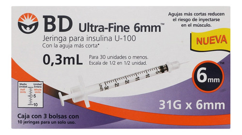 Bd Ultra-fine Jeringa Para Insulina 0.3ml 31gx6mm Con 30pzas