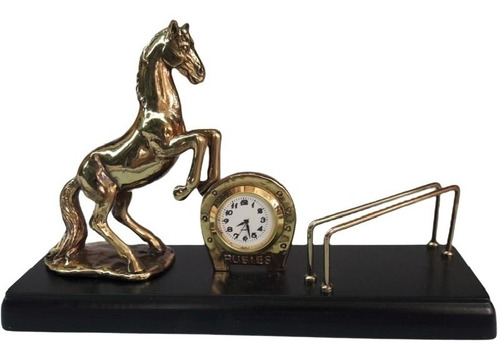 Imagen 1 de 2 de Tarjetero De Caballo C/reloj Baño Bronce - Base Madera
