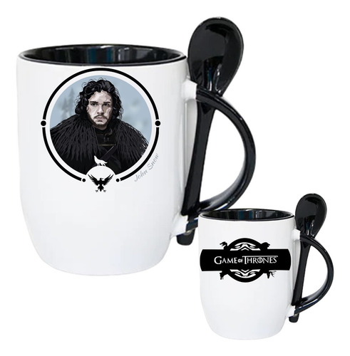 Taza Juego De Tronos Jon Snow Game Of Trones+llavero+cuchara Negro Game Of Trones