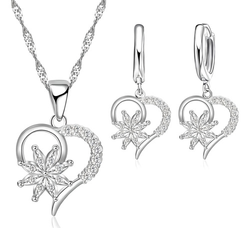 Set Plata 925 Corazon Sol Collar Pendientes Aros Dama Joyas