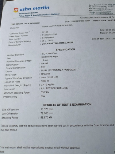 Imagen 2 de 2 de Guaya 11mm Para Ascensor Con Certificado De Calidad Fabrica