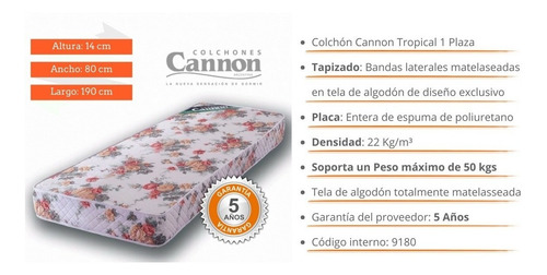 Imagen 5 de 7 de Colchon Cannon Tropical 1 Plaza 80x190x14 Cm De Altura!