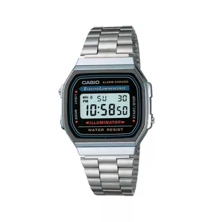 Reloj de pulsera Casio Youth Vintage A168 de cuerpo color plateado, digital, fondo gris, negro y azul, con correa de acero inoxidable color plateado, dial negro, minutero/segundero negro, bisel color