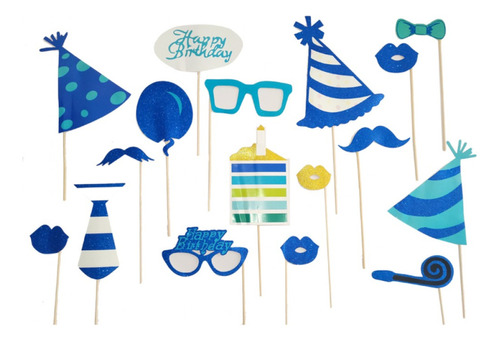 Photo Booth Selfie Cumpleaños Azul Hora Loca 20 Pza Happy B