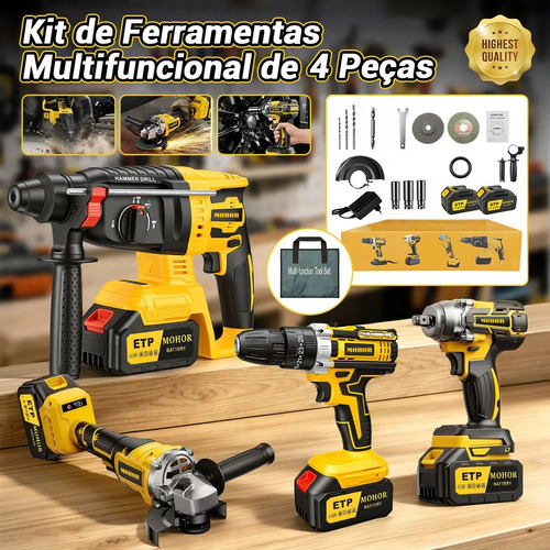 Kit Ferramentas Elétricas MOHOR 4 em 1 com 2 Baterias, Furadeira Parafusadeira, Martelete, Esmerilhadeira e Chave de Impacto