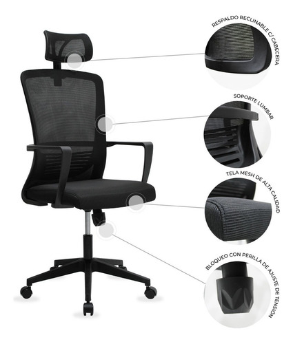Silla Ejecutiva Mundo In 249a Respaldo Tipo Mesh Cabecera Color Negro