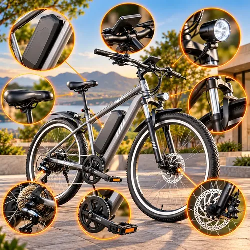 Bicicleta Elétrica Adulto Aro 26 Cinza Motor 750W Bateria de Lítio 48V 6Ah Recarregável Removível com Suspensão Dianteira Freio a Disco Painel Digital Farol e C