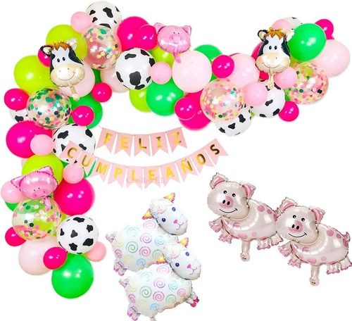 Set Deco Arco Globos Animales Granja  Banderin Vaca 