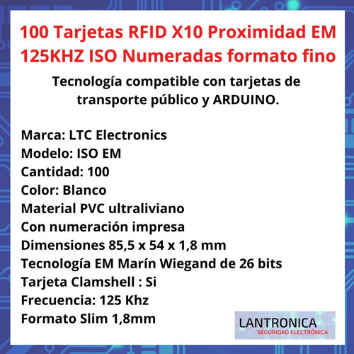 Imagen 2 de 8 de Tarjetas Rfid X100 Proximidad Em 125 Khz Numeradas Arduino