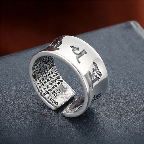 Imagen 2 de 10 de Anillo De Mantras Budista Om Mani Hombre Mujer Plata S999