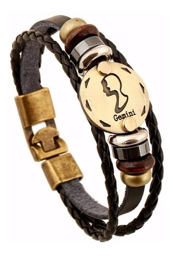 Pulsera Unisex Hombre Mujer Signo Geminis De Cuero Elegante