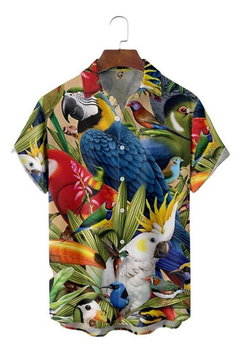 Camisa Hawaiana Unisex Colorida De Big Parrot, Camisa De Pla