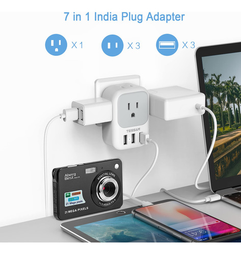 Adaptador De Enchufe Tessan Us A La India Tipo D Con 4 Tomas