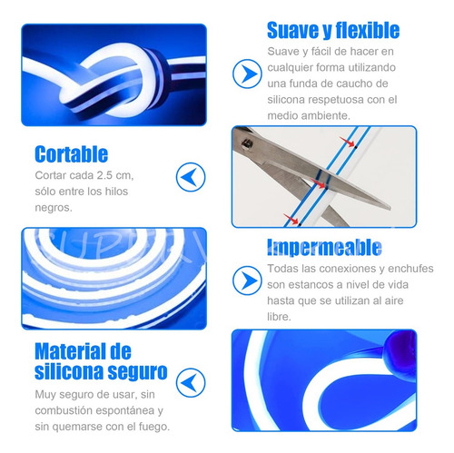 Tiras De Led Neón Luz Flexible Unicolor 5 Metros Cortar 12v Azul