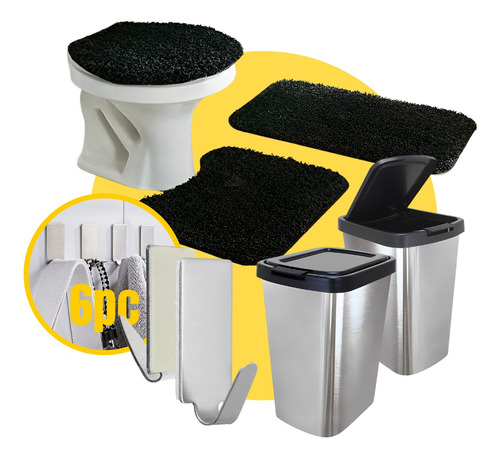 Kit Conjunto Banheiro 3 Pçs Tapete 2 Lixeira Inox 9l Brinde