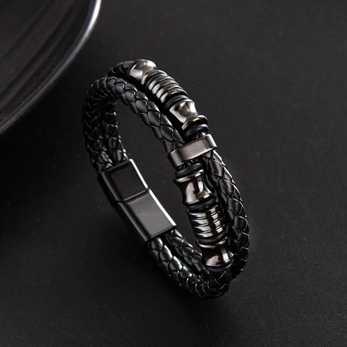 Pulsera Unisex En Cuerina Negro-.