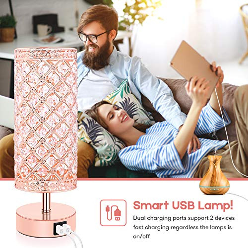 Juego 2 Lampara Cristal Control Tactil Para Mesa Noche Usb