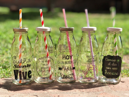 Botellas De Jugo Personalizadas Con Tapa Y Sorbete X 50 Unid