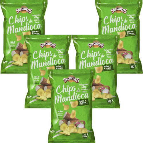 Kit 05 Mandioca Chips Sabor Cebola E Salsa Sertanitos 50g