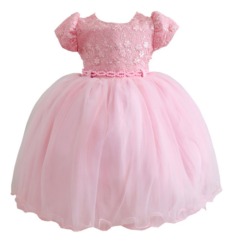 Vestido Infantil Rosa Bebê Realeza Luxo Renda Flores Lindo