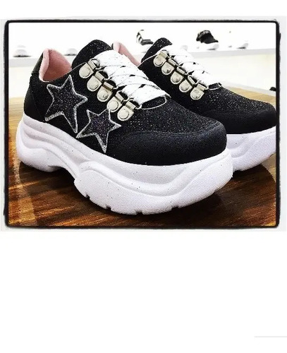 Zapatillas Altas Brillos Negras-plateadas Moda Mail Nuevas | Envío gratis