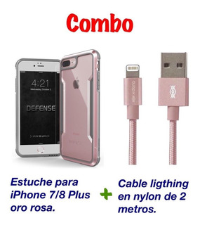 Estuche Para iPhone 7/8 Plus + Cable Nylon 3m Oro Rosa Combo