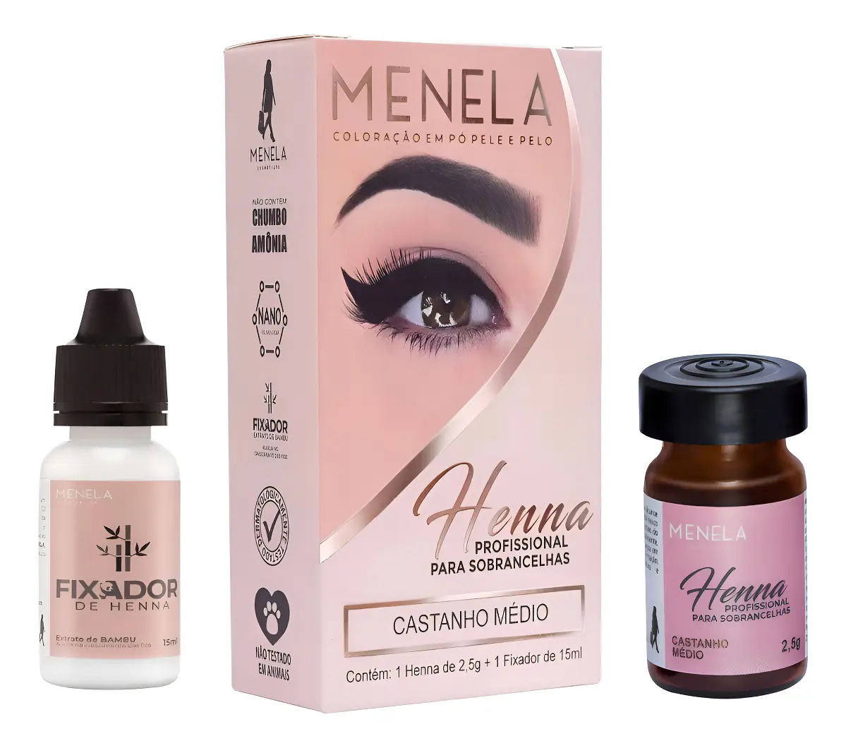 Menela Henna Para Sobrancelhas 2,5g Com Fixador 15ml Cor Castanho