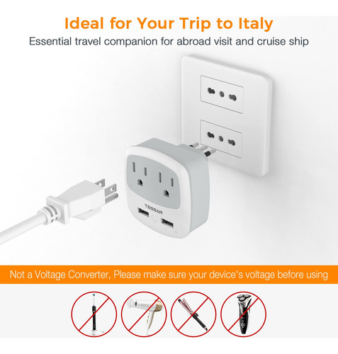 Adaptador De Enchufe De Viaje Tessan Italy Tipo L Con 2 Carg