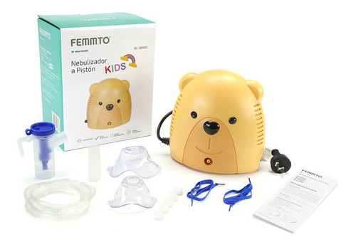 Imagen 4 de 5 de Nebulizador A Piston Pediatrico Femmto Bc68005-br2 Kids Oso Silencioso Familiar Con Kit Descartable Incluido 220v