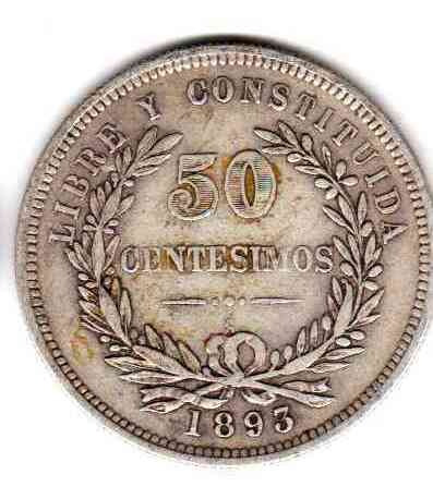 Moneda De Uruguay De Plata Año 1893 50 Centesimos Muy Buena