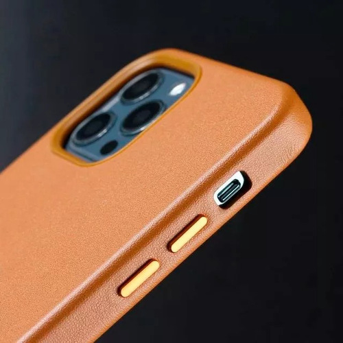 Capa De Couro Marrom Dourada Magsafe Para iPhone 14 Plus