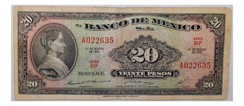 Billete De 20 Pesos 1970 Banco De México - La Corregidora