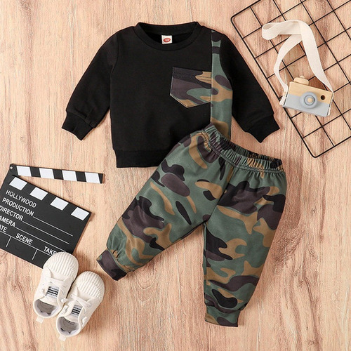 Conjunto De Sudadera Estilo Militar Para Bebé Con Camuflaje Negro 3-6 M