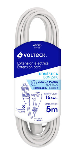 Extensión Eléctrica Doméstica, 5 M, Blanca, Volteck 48018